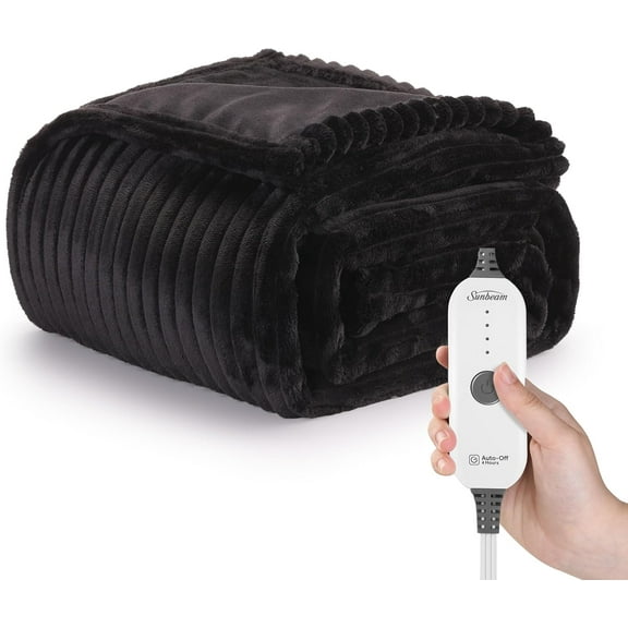 Sunbeam Royal Posh Ribbed Ebony Heated Personal Throw Blanket Adjustable Heat