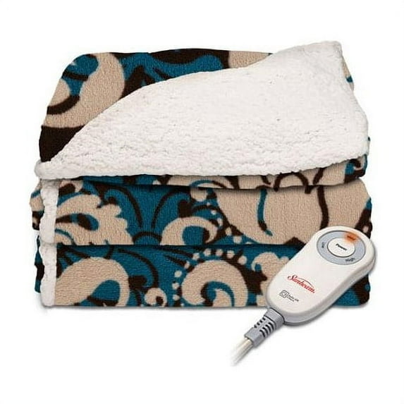 Sunbeam Sherpa Microplush Electric Heated Throw Blanket - Brown Teal Demask