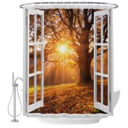 Sunbeam Shower Curtain for Bathroom, Open Window Fall Forest Old Oak Tree Sunburst Light Rustic Waterproof Cloth Fabric Bathroom Accessories Set with 9 Rust Proof Plastic Hooks, 36"x72"