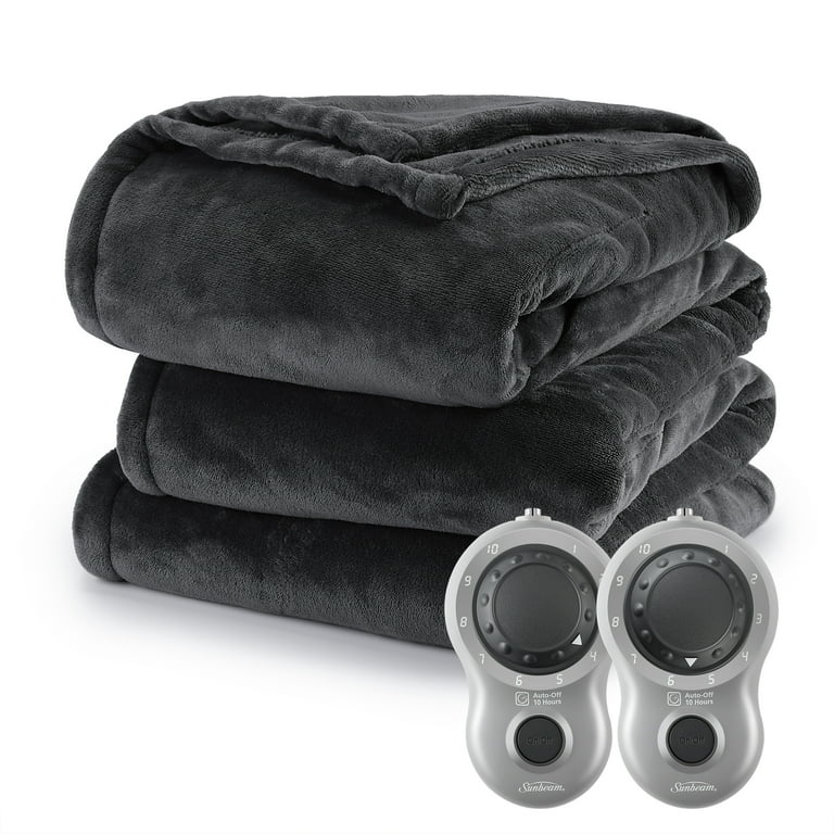 Free Shipping Sunbeam Slate Grey Velvet Plush Electric Heated Blanket Queen Size 90 x 84