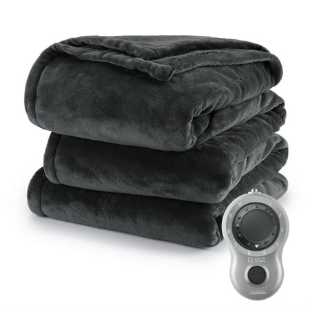 Sunbeam Slate Grey Velvet Plush Electric Heated Blanket Twin Size, 84" x 62", 10 Heat Settings, Fast Heating, Heating Blankets with Controller, Auto-Shut Off, Machine Washable