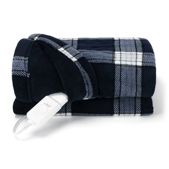 Sunbeam Throw Dublin Plaid Navy Microplush, 4 Heat Settings, 4-Hour Auto Shut-Off, Electric Heated Blanket, 50” x 60”