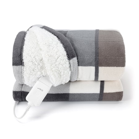 Sunbeam Throw Neutral Plaid Microplush Sherpa/Faux Shearling, 4 Heat Settings, 4-Hour Auto Shut-Off, Electric Heated Blanket, 50” x 60”