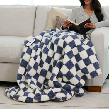 Sunbeam Throw Nordic Sherpa with FootPocket, Blue Checker Board, 4 Heat Settings, 4-Hour Auto Shut-Off, Electric Heated Blanket, 50” x 60”