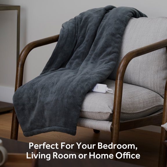 Sunbeam Throw Slate Microplush Sherpa/Faux Shearling, 4 Heat Settings, 4-Hour Auto Shut-Off, Electric Heated Blanket, 50” x 60”