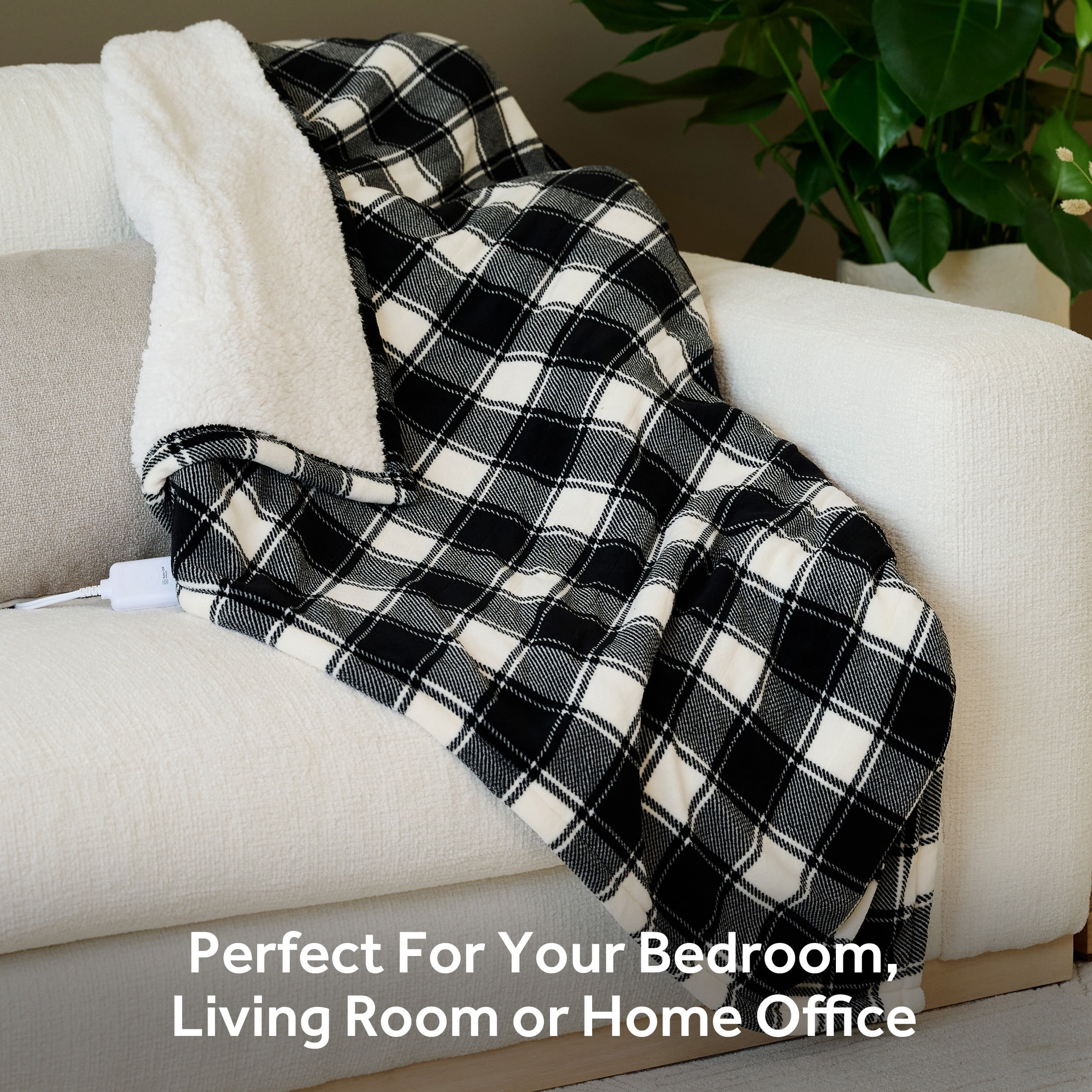 Sunbeam Throw White & Black Buffalo Plaid Microplush Sherpa (Faux Shearling), 4 Heat Settings, 4-Hour Auto Shut-Off, Electric Heated Blanket, 50” x 60”
