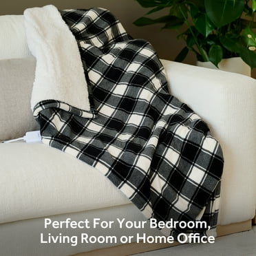 Sunbeam Throw White & Black Buffalo Plaid Microplush Sherpa (Faux Shearling), 4 Heat Settings, 4-Hour Auto Shut-Off, Electric Heated Blanket, 50” x 60”