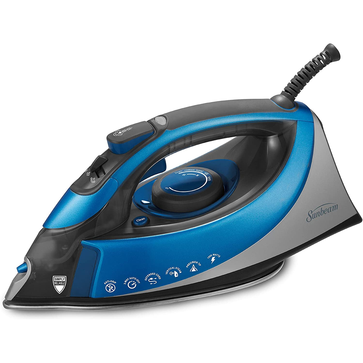 Sunbeam Turbo Steam 1500 Watt XL-size Anti-Drip Non-Stick Soleplate Iron with Shot of Steam/Vertical Shot feature and 10 360-degree Swivel Cord, Grey/Blue, GCSBCS-200-000