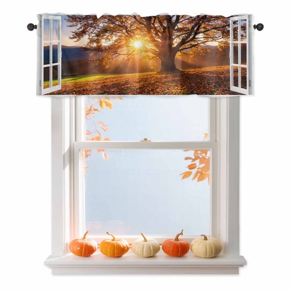 Sunbeam Valances for Windows, Open Window Fall Forest Old Oak Tree Sunburst Light Rustic Rod Pocket Valance Short Window Treatments Curtains for Kitchen Bathroom Bedroom Decor, 42 x 12 Inches