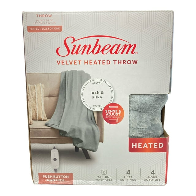 Sunbeam Electric Cozy Velvet Heated Throw Blanket Grey