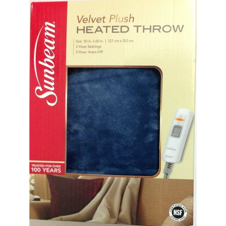 Sunbeam Velvet Soft Plush Heated Throw Blanket Various Colors Size 50 x 60 3 Heat Setting Remote Control Auto Off Royal Blue