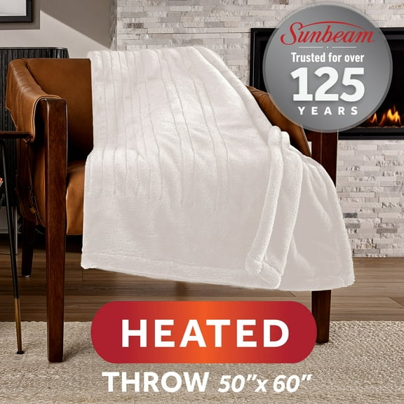Sunbeam Heated Throw Blanket Faux Fur White 3 Heat Settings 3-Hour Auto Shut Off 50"x60"