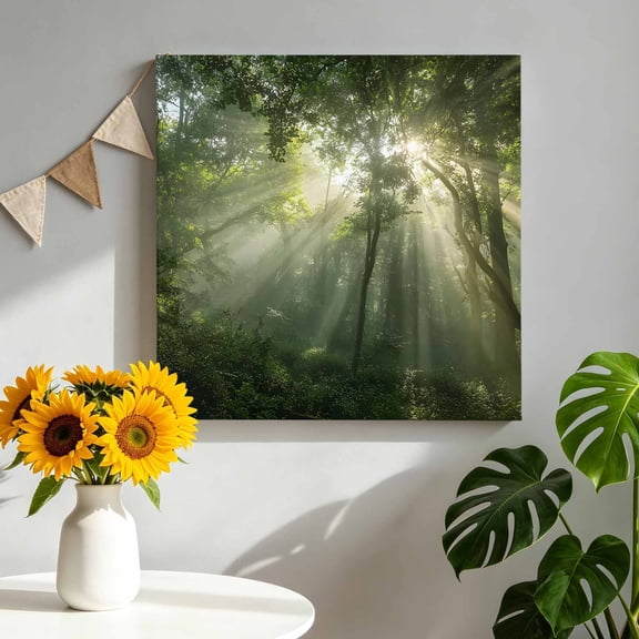 Sunbeams Trees Canvas Wall Art for Living Room, Radiant Sunlight Green Forest Rustic Poster Print Painting for Nightstand Bathroom Collage Decoration Wall Pictures Prepare To Hang 8"x8"