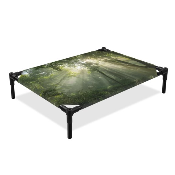 Sunbeams Trees Elevated Dog Bed, Radiant Sunlight Green Forest Rustic Cooling Breathable Outdoor Raised Dog Cot Bed with Metal Frame Non-Slip Feet for Large Dog 28x22in