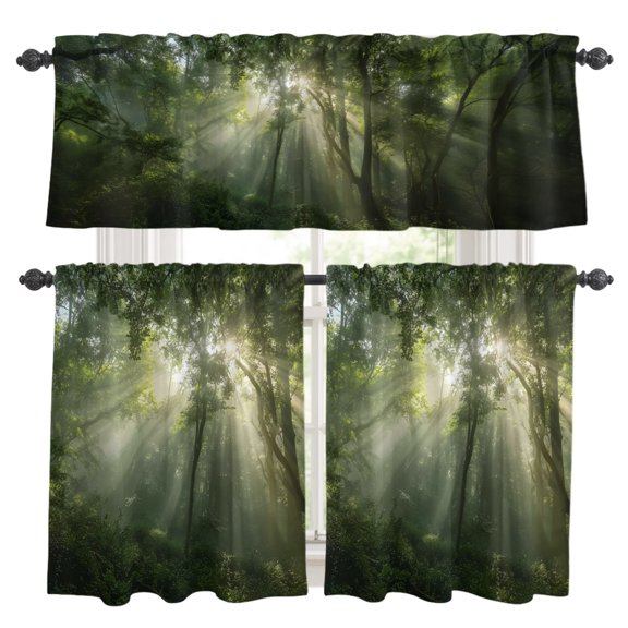 Sunbeams Trees Kitchen Curtains and Valances Set, Radiant Sunlight Green Forest Rustic Rod Pocket Window Valance Window Curtain Panels for Living Room Bedroom Laundry, 27.5x24in, 3 Pieces