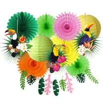Sunbeauty 12PCS Tropical Bird Party Decorations Parrot Toucan Paper Fans Lanterns Leaves Garland for Summer Luau Hawaiian Birthday Party Decor