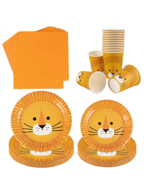 Sunbeauty 68Pcs Animal Safari Birthday Supplies Lion Paper Cups Napkins Plates Tableware for Wild One Jungle Party Serve16