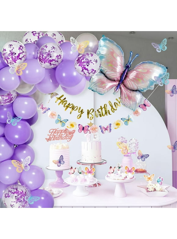 Sunbeauty 73Pcs Butterfly Birthday Party Decorations Purple Latex Balloon Arch Kit for Girls and Women with Tablecloth