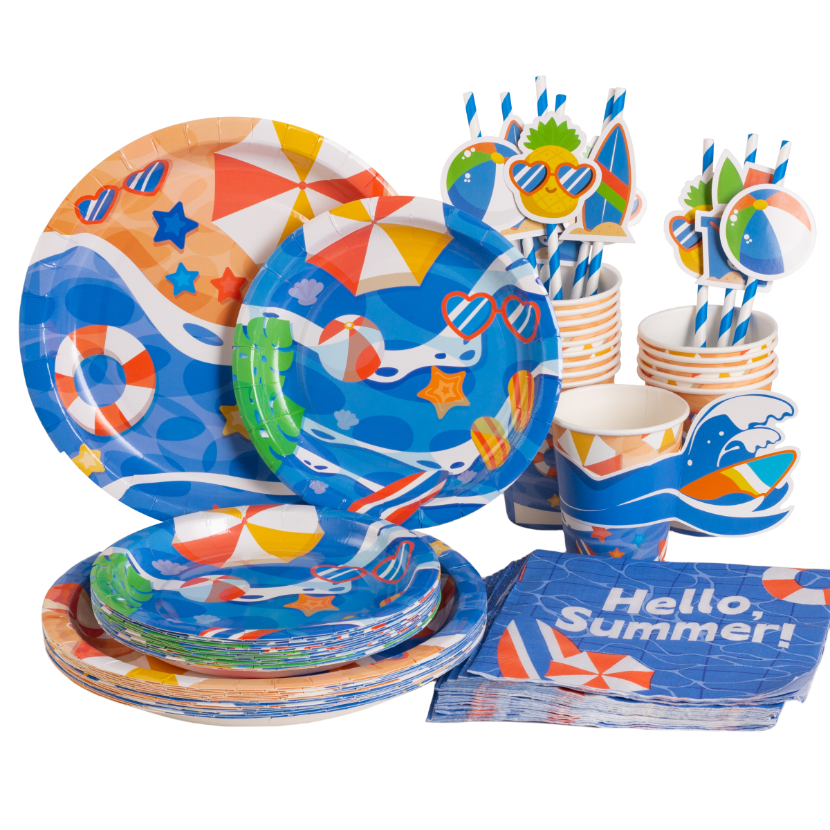 Sunbeauty 96pcs Summer Beach Party Supplies Tableware Set with Plates