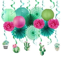 Sunbeauty Green Cactus Swirl Paper Lanterns Paper Fans Kit for Hawaiian Party Birthday Hanging Decor