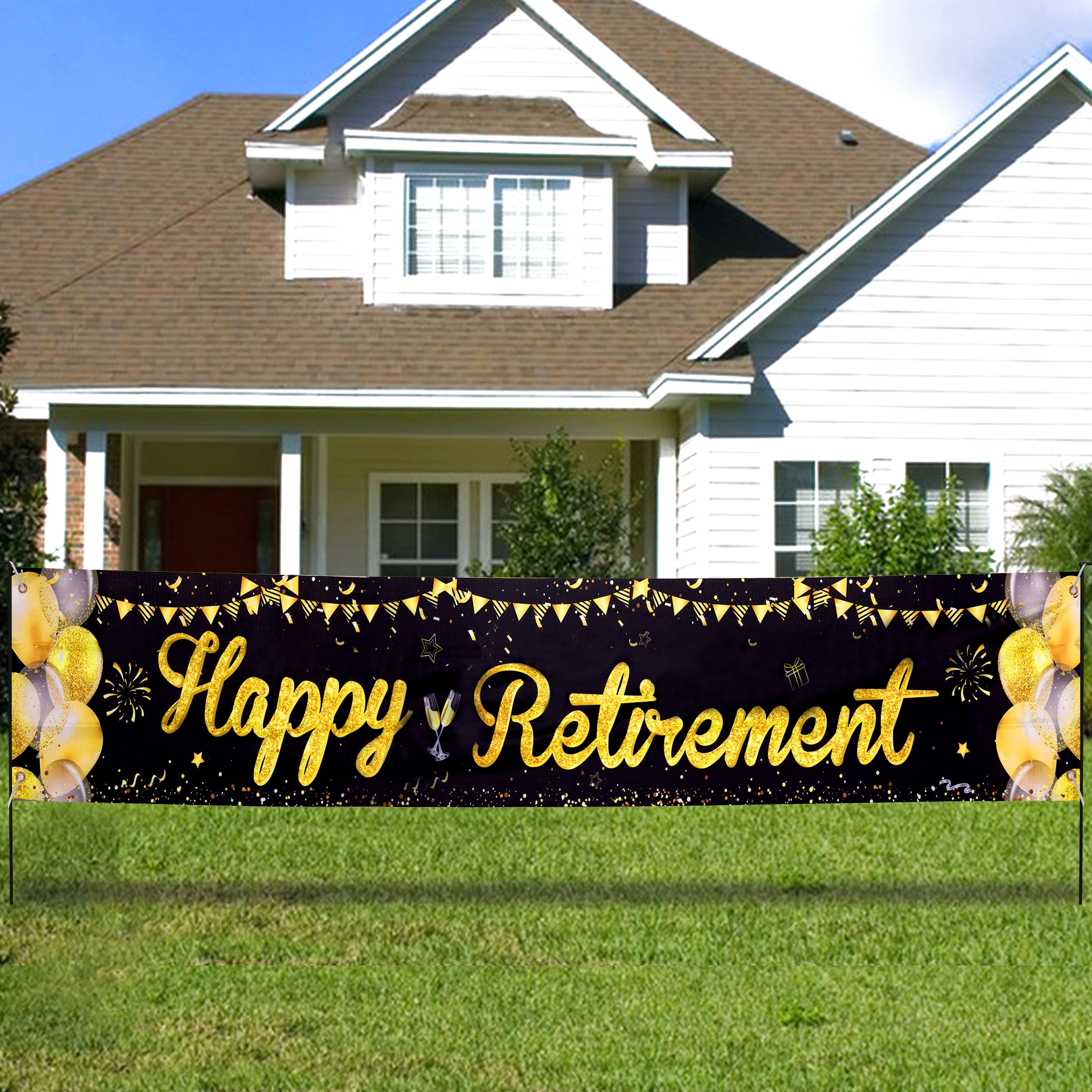 Sunbeauty Happy Retirement Banner Black and Gold Retirement Party