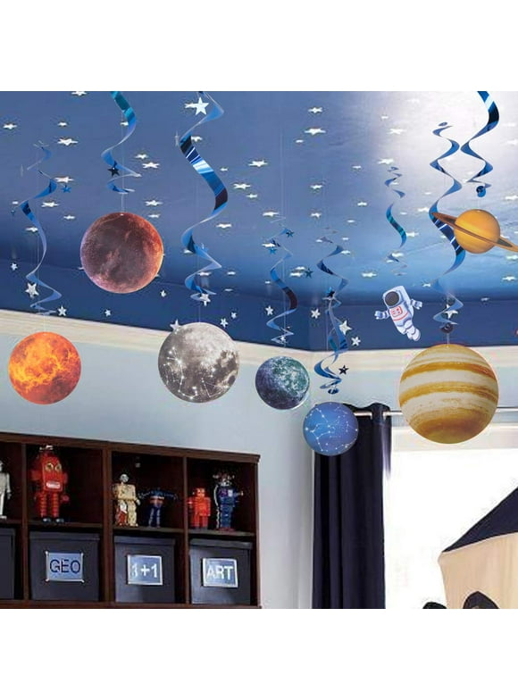 Sunbeauty Outer Space Party Decorations Hanging Solar System Galaxy Plante Swirls Streamers for Boy's Birthday