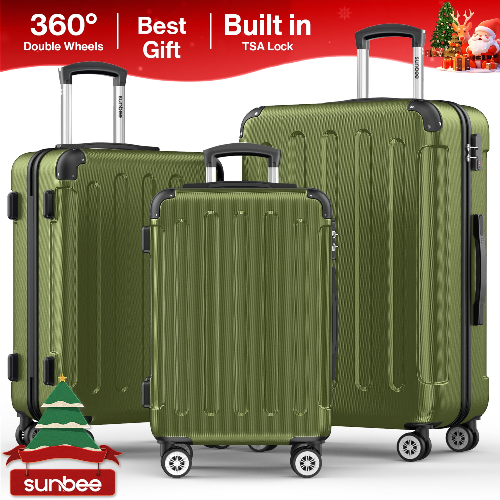 Sunbee 3 Piece Luggage Sets Hardshell Lightweight Suitcase with TSA Lock Spinner Wheels Olive Green Walmart