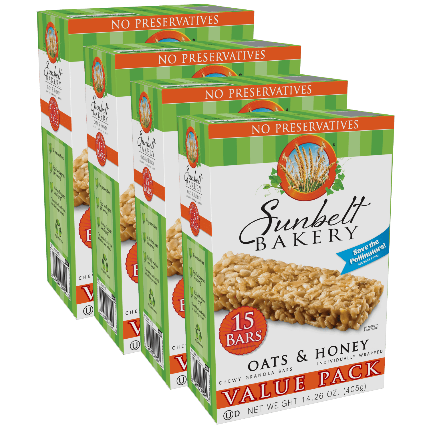 Sunbelt Bakery Oats & Honey Chewy Granola Bars Value Pack, 4 Boxes, 60 Bars