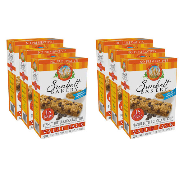 Sunbelt Bakery Peanut Butter Chocolate Chip Chewy Granola Bars Value Pack, 6 Boxes, 90 Bars