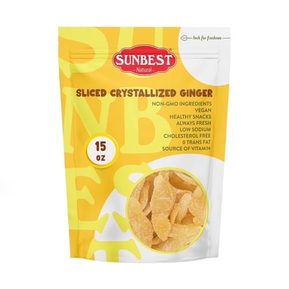 Crystallized Ginger Slices 15 oz Value Bag by Sunbest Natural for Baking and for Snacking, Vegan Dried Ginger, Non-GMO, Kosher Ginger Slices