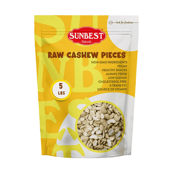Raw Large Cashew Pieces  5 Pound Bulk Bag by Sunbest Natural - Unroasted & Unsalted for Cooking