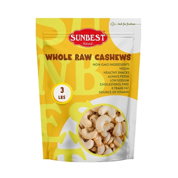 Raw Whole Cashews from Sunbest Natural 3 lb (48 oz) Bulk Bag Unsalted, Unroasted Cashews, Vegan, Gluten-Free, Non-GMO Perfect for Snacking, Cooking & Baking