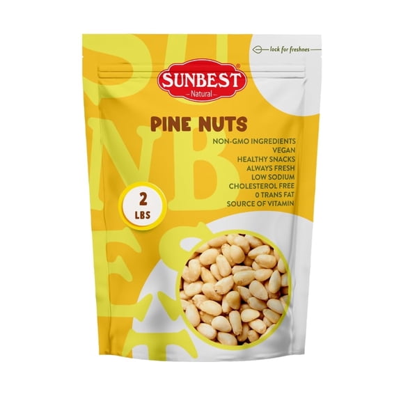 Sunbest Natural Pine Nuts Pignolia 2 lbs (32 Oz) 1 Pack Unsalted, Raw, Crunchy, Fresh & Delicious, Kosher Certified