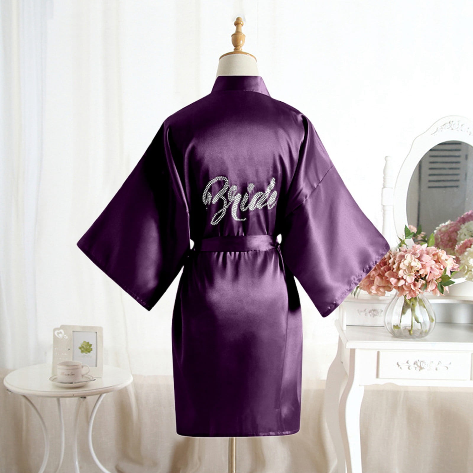 Sunbona Elegant Solid Color Rhinestone Bride Bathrobe For Women Silk ...
