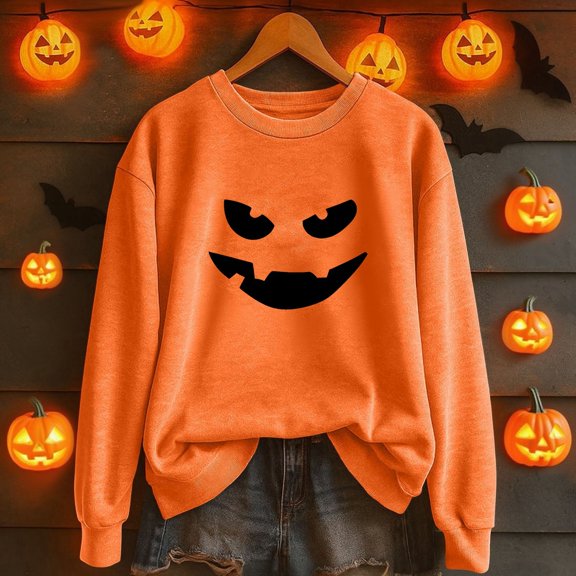 Sunbona Halloween Printing Sweater Women Autumn And Winter Solid Color Crew Neck Long Sleeved Pullover Top for daily causal outfits