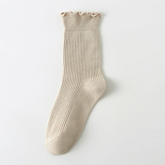 Sunbona Women's Double Needle Lace Trim Mid Calf Socks Solid Color Striped Ruffle Casual Crew Socks For Girls And Students