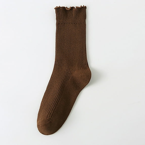 Sunbona Women's Double Needle Lace Trim Mid Calf Socks Solid Color Striped Ruffle Casual Crew Socks For Girls And Students