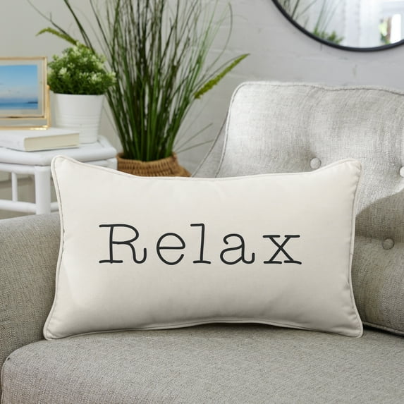 Sunbrella Canvas EMbroidered "Relax" Indoor/Outdoor 13x20 Corded Lumbar Pillow (Single) Canvas Natural with Black Words