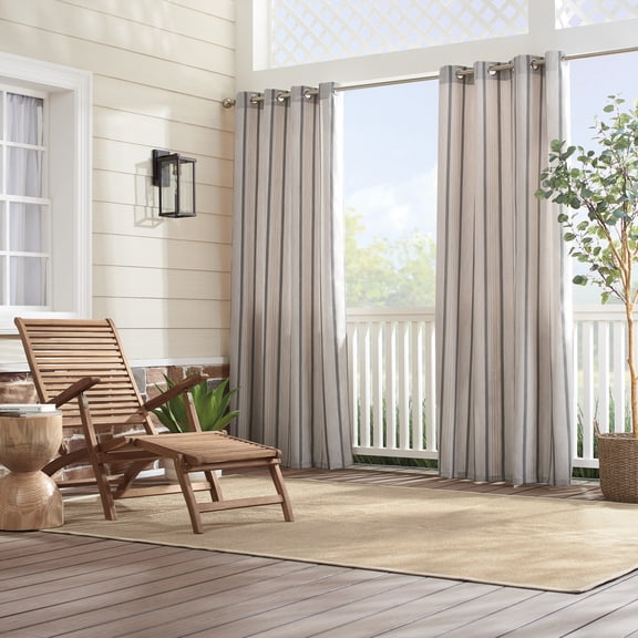 Sunbrella Canvas Stiped Light Filtering Grommet Top Single Curtain Panel, Pebble, 52 x 84