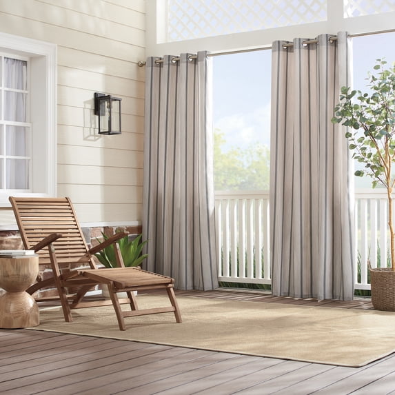 Sunbrella Canvas Stiped Light Filtering Grommet Top Single Curtain Panel, Pebble, 52 x 96