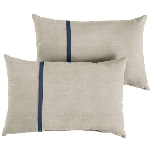 Sunbrella Cast Silver with Navy Piping Detail Indoor/Outdoor Lumbar Pillow (Set of 2) 13 in h x 20 in w