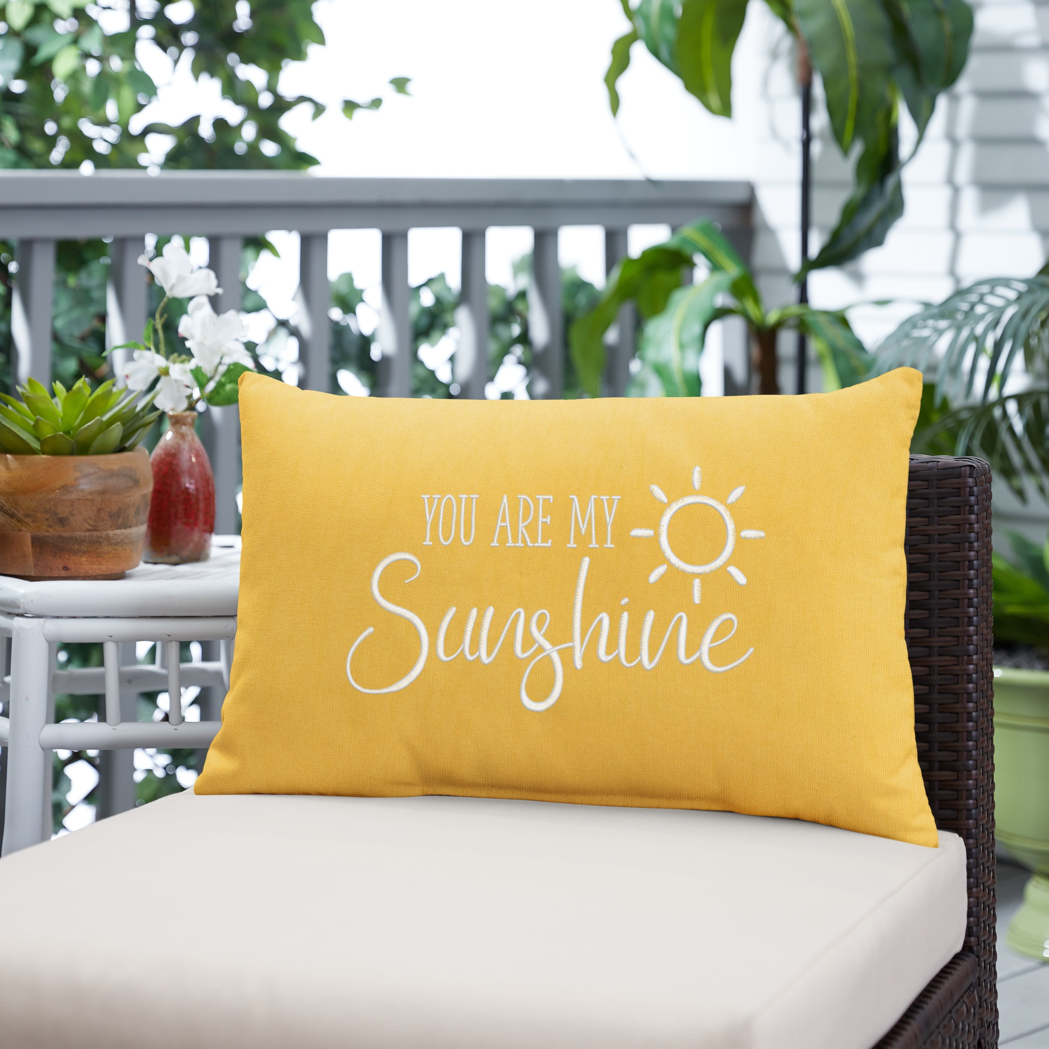 Yellow Embroidered Sunbrella Outdoor Lumbar Pillow