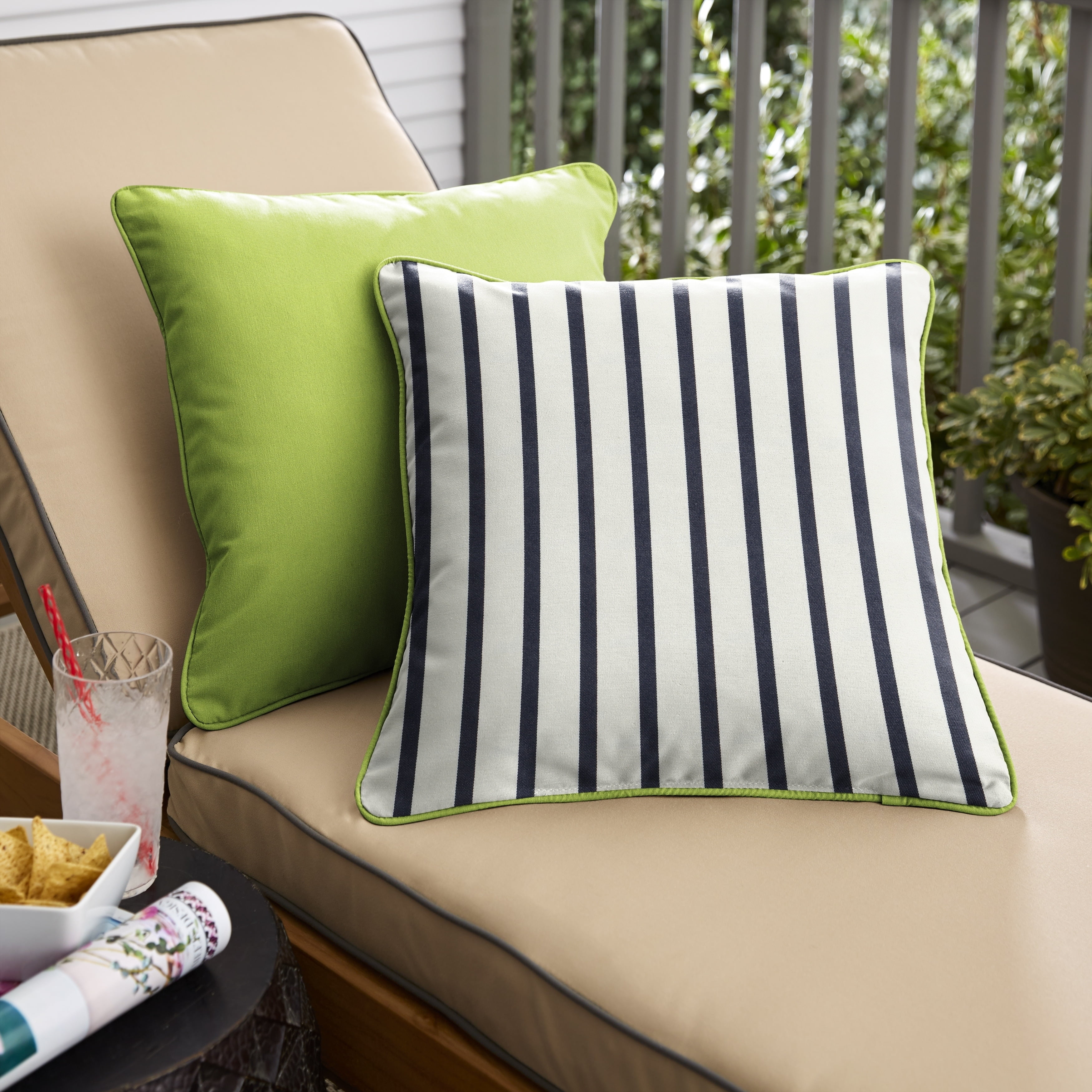 Sunbrella Green and Striped 24" Square Indoor/Outdoor Pillows, Set of 2