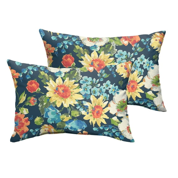 Sunbrella Sorra Home Indoor/ Outdoor Blue Multi Floral Lumbar Pillow, Set of 2 12 in L x 24 in W