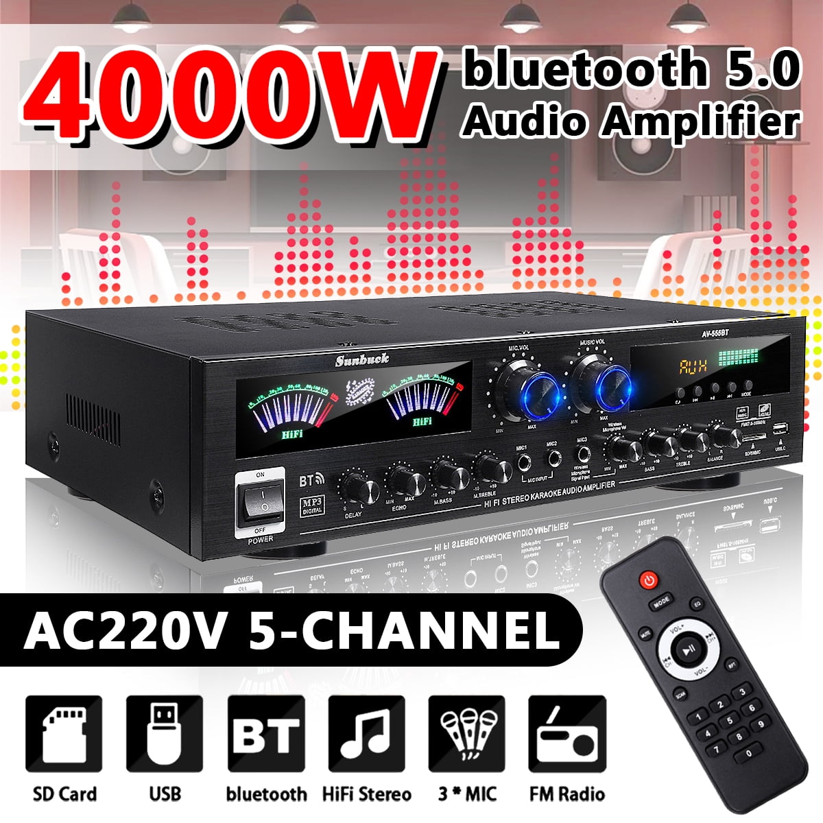 Amplificatore Digitale HiFi Bluetooth 5.0 4 Canali – 45W X 4 Per Home, Auto O Barca, Controllo Bassi/Alti, Telecomando