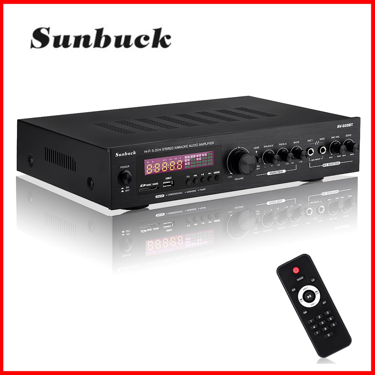 2 years local warranty-Sunbuck 4000W 5CH Home Theater Amplifier 12V  bluetooth Home Power Amplifier Audio Stereo amplificador FM USB SD 3Mic  With Remote丨 HIFI AV Power Amplifier Audio Subwoofers Home Karaoke Cinema