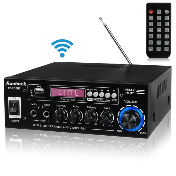 Sunbuck Bluetooth 5.0 Power Amplifier, Stereo Radio Amp, Music Player, 2 Mic in 1 for Car / Home Use, Black