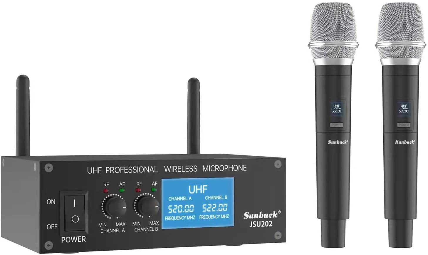Pyle Channel Microphone System-VHF Fixed Dual Frequency Wireless Set with 2  Handheld Dynamic Transmitter Mics, Receiver Base-for PA, Karaoke, Dj Party