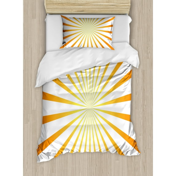 Sunburst Duvet Cover Set, Illustration of Radial Sun Rays in Warm Tangerine Tones Hot Feels, Decorative 2 Piece Bedding Set with 1 Pillow Shams, Twin Size, Orange White, by Ambesonne