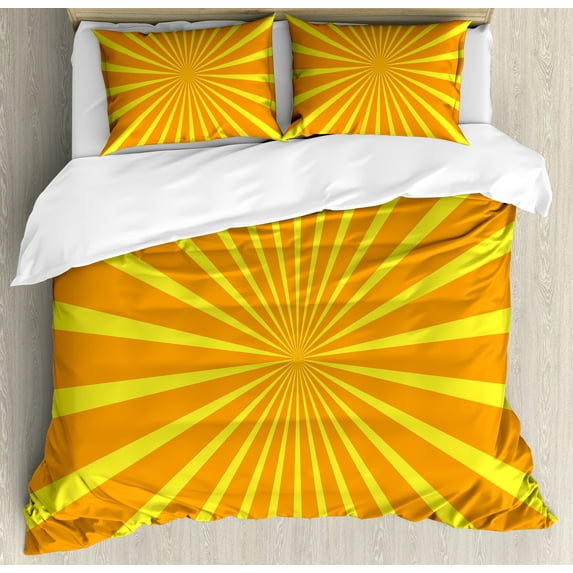 Sunburst Duvet Cover Set, Simplistic Sunbeam Design Radial Rays Sunrise Energy Illustration, Decorative 3 Piece Bedding Set with 2 Pillow Shams, Calking Size, Marigold and Yellow, by Ambesonne